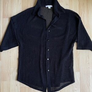 HYFVE Black Open-Knit Short-Sleeve Button down Shirt size L